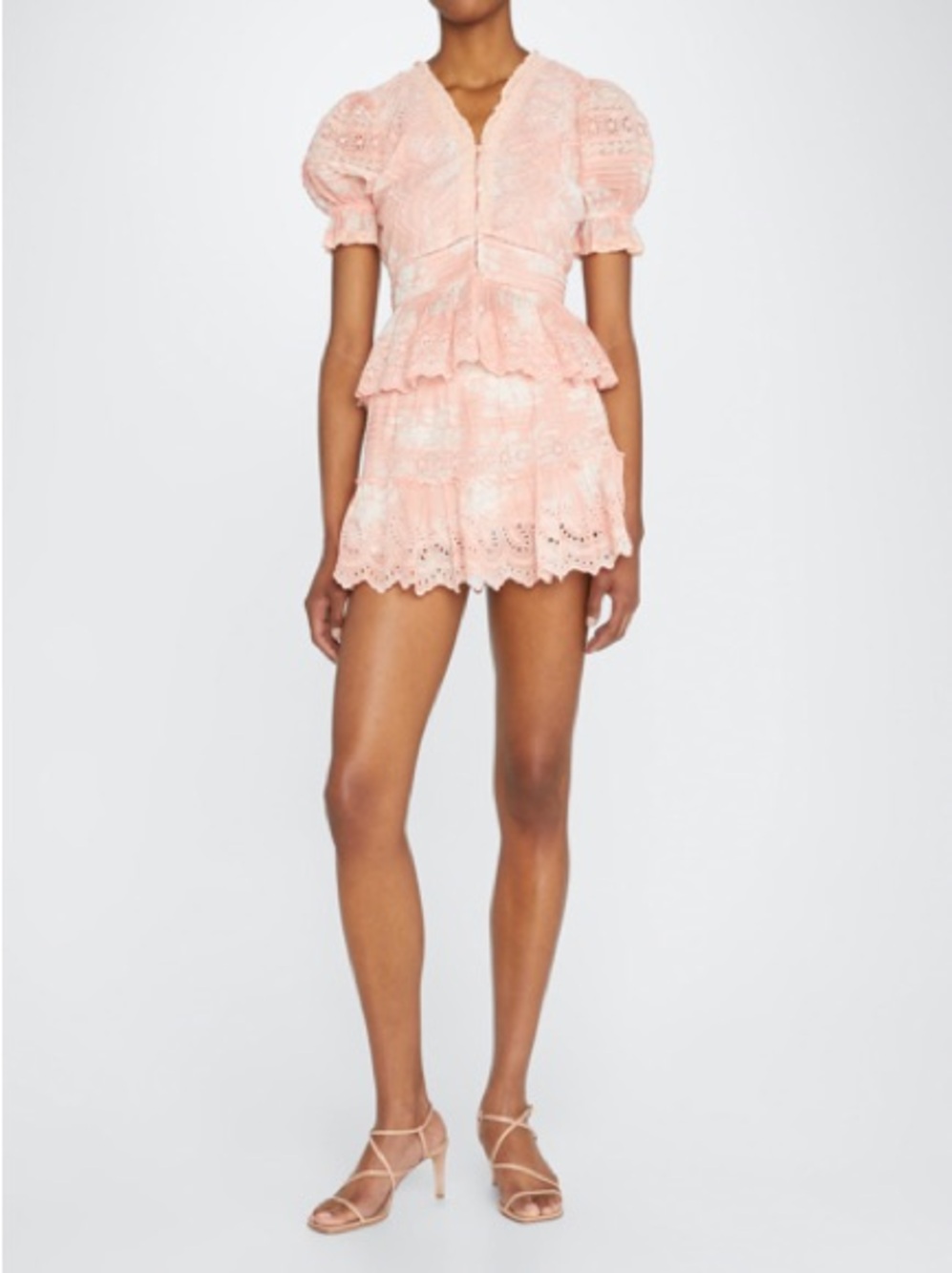 LoveShackFancy Pink Eyelet Tiered Mini Skirt